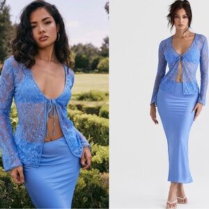 HOUSE OF CB 'Phoebe' Blue Lace Tie Front Top NWT